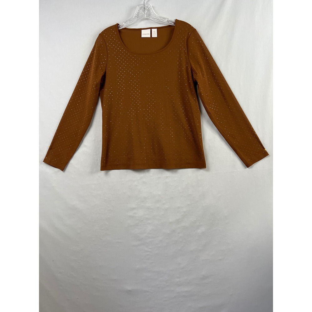Chico's Studded Scoop Neck Top Womens 0 Small Brown Long Sleeve Mesh Lightweight